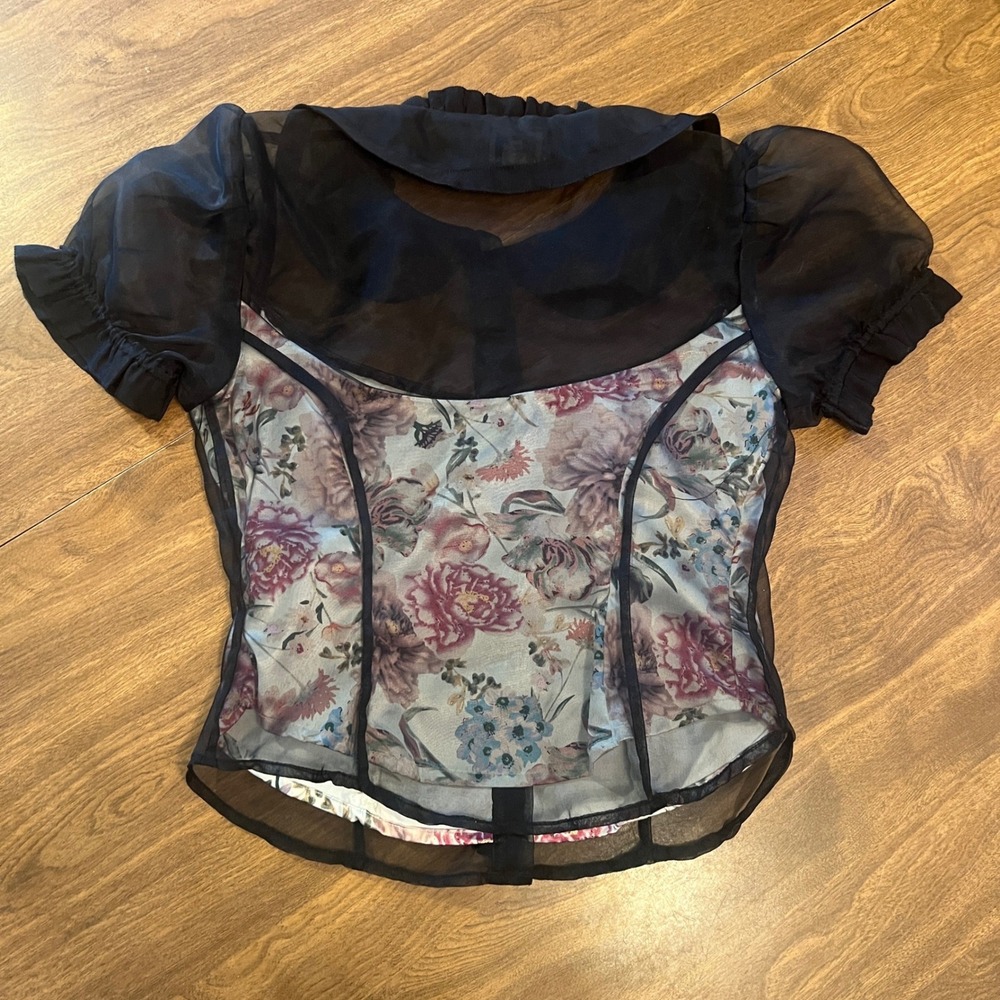Maeve Anthropologie Corset Top Black Sheer Floral Puff Sleeve Blouse XXS - Picture 10 of 12